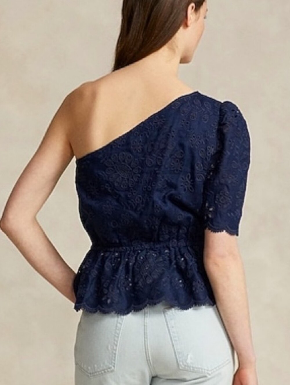 New!Polo Ralph Lauren Broderie Anglaise Navy One-Shoulder Eyelet Peplum Top Y2K - Picture 2 of 15